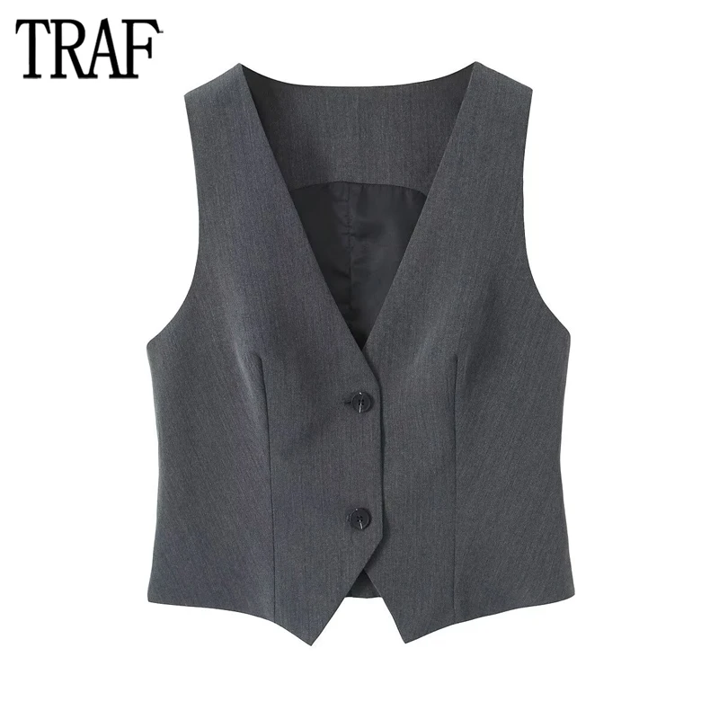 

TRAF 2024 Office Sleeveless Vest Woman Grey Buckle Waistcoat Women Button Cropped Jacket Women Streetwear Basic Vests for Women