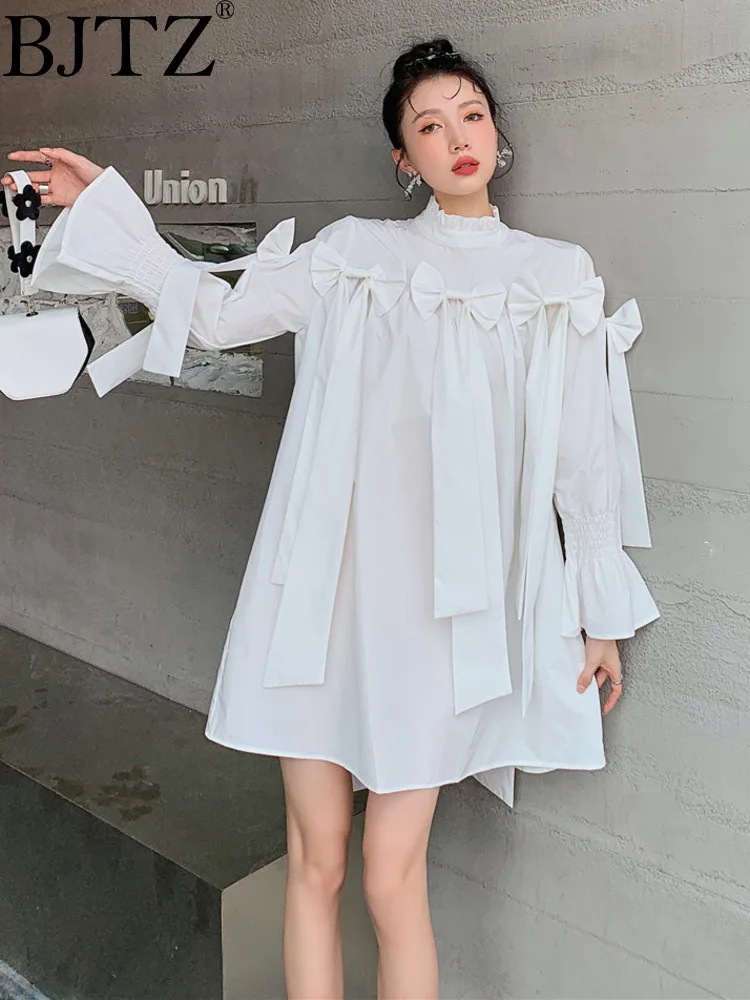 BJTZ Chic Bow Designer Temperament Dresses For Women Long Sleeve Loose Sweet Elegant Female Dress 2024 Summer New Trend