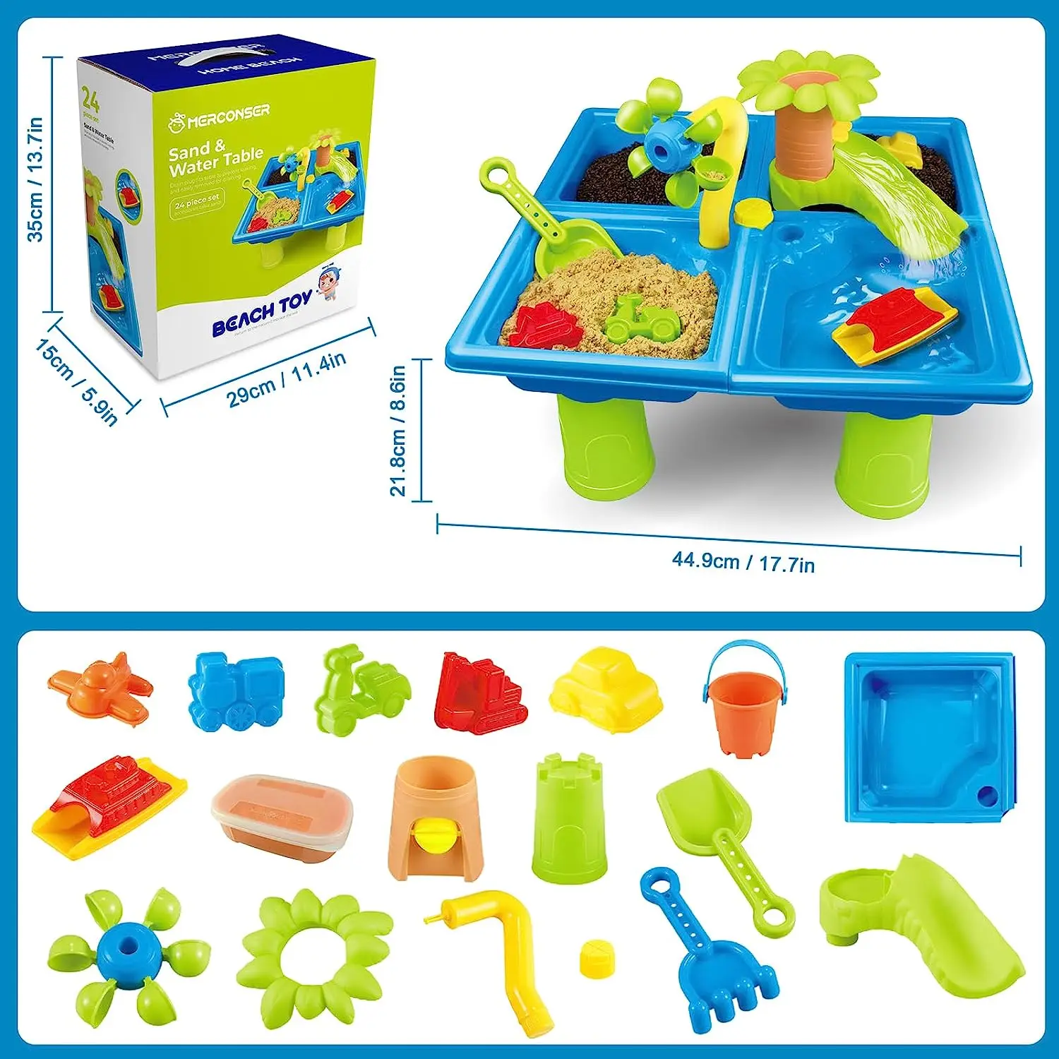 Water Table for Toddlers 4 in 1 Kids Portable Water Play Table Beach Toys 24PCS Sensory Activity Splash Table Toys for Children 6