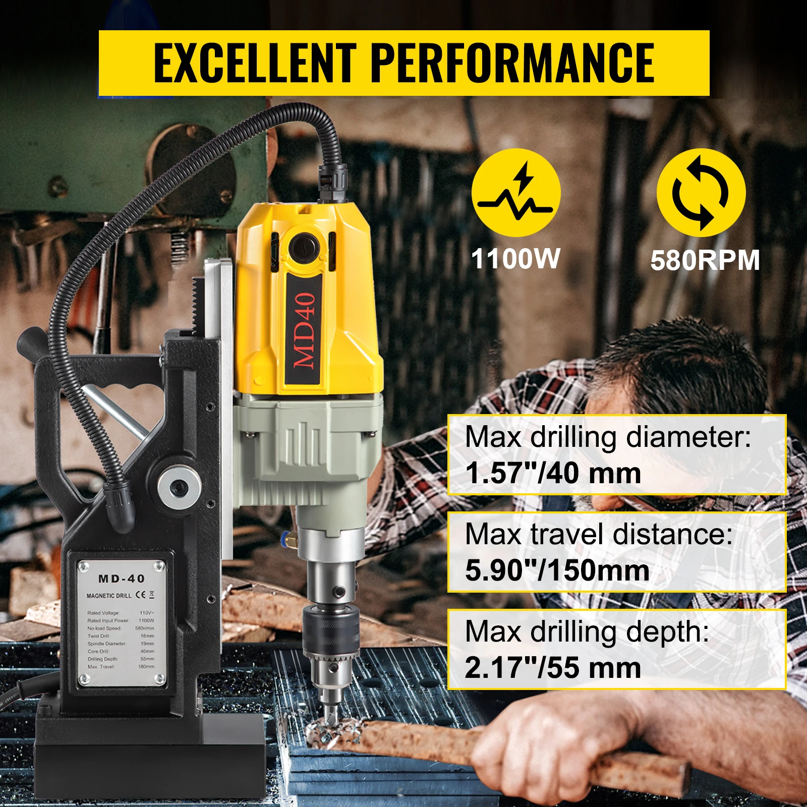 SucceBuy 1100W Magnetic Drill Press 7/12 Bits 40mm Electric Mag Bench Tapping Drilling Rig Machine 3