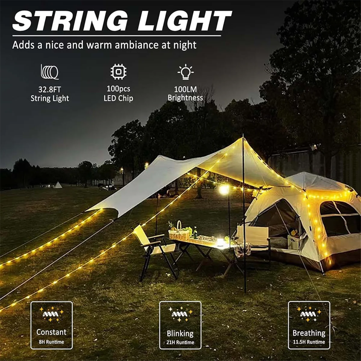 BAAU Camping String Light & Lamp 32.8FT USB Rechargeable Waterproof LED for Outdoor Decor and Home Regular Model
