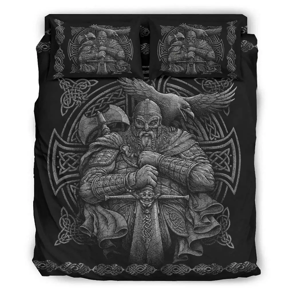 Viking Vintage King Queen Duvet Cover Norse Myth Bedding Set Medieval Folklore Totem Quilt Cover Grey Polyester Comforter Cover - Image 5