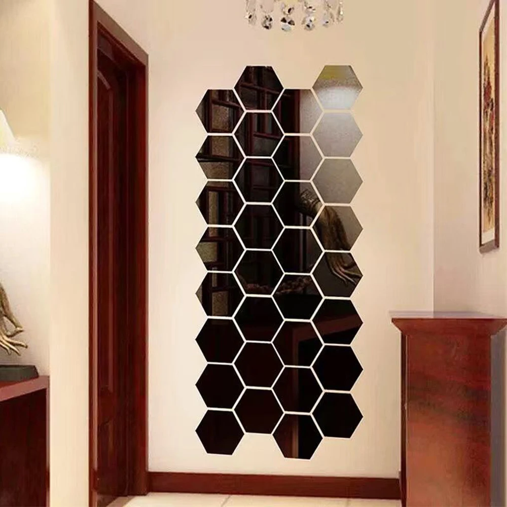 6/12Pcs 3D Mirror Wall Stickers Acrylic Self Adhesive Removable Hexagon Wall Decal Living Room Home Art Mirror Sticker Ornament
