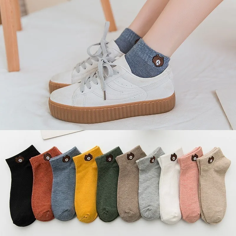 Women Cute Bear Socks Low Tube Socks Set Fashion Breathable For Female Casual Style Comfortable 10 Pairs