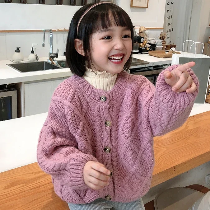 어린이 용수철 니트웨어 의류, 여아 단색 싱글 브레스트 스웨터, 브리프 스타일 소년 가디건, 한국 스타일 트위스트 니트 스웨터, 1-7 세