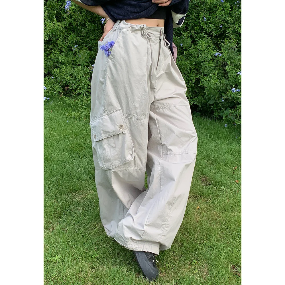 

Women White Cargo Pant Streets Style Loose Drawstring Multiple Pockets High Waist Wide Leg Pants
