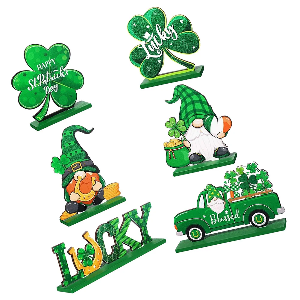 

6 Pcs Decorative Ornaments Dining Table St Patrick's Day Wood Sign Patricks Signage Tiered Tray Wooden Party Decoration