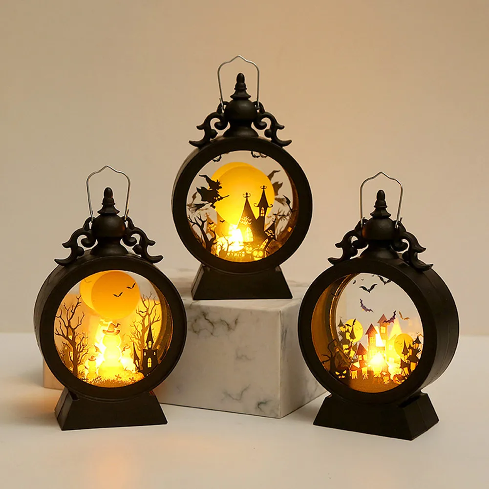 

Halloween Led Lamp Witch Pumpkin Lantern Retro Round LED Lantern Portable Electronic Candle Night Light For Party Decorations
