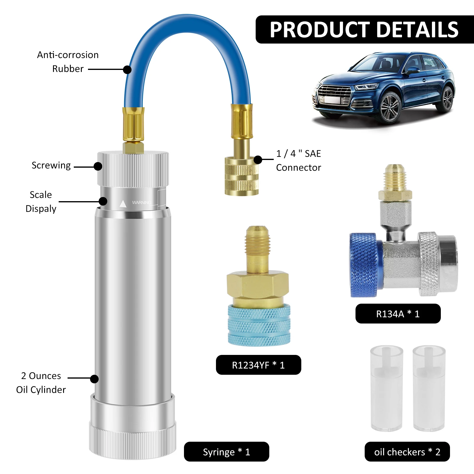 R134A R12 R22 Compressor Oil Dye Injector - HVAC AC Tool With 1/4 SAE Ports, 2oz Capacity