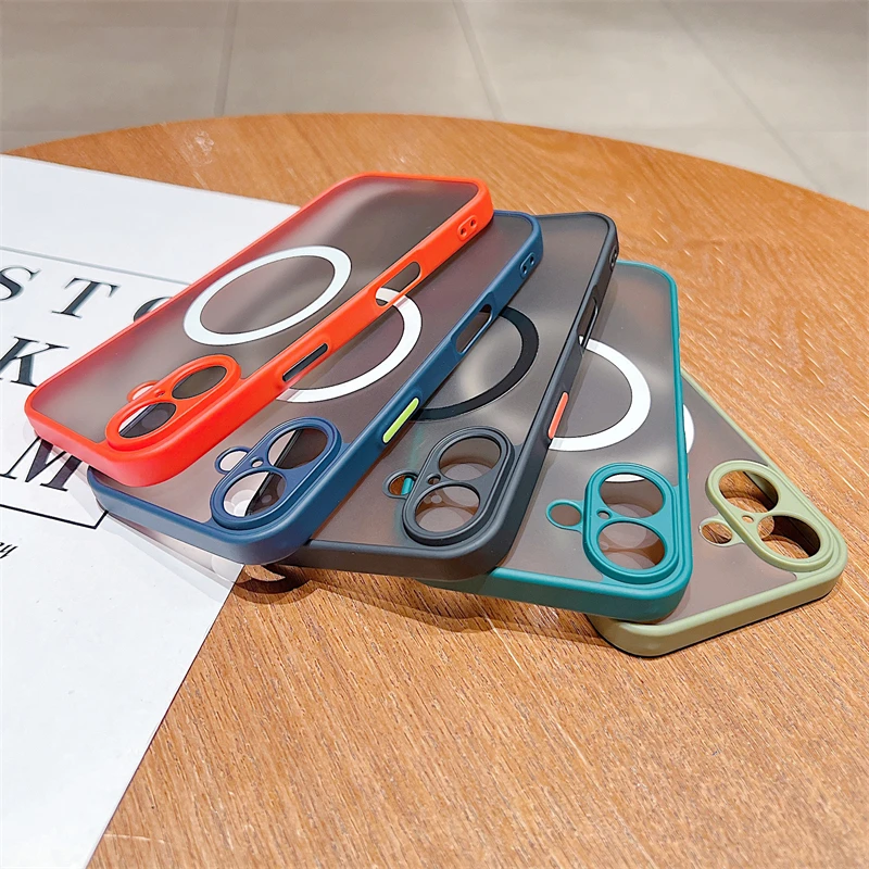 Custodia magnetica opaca di lusso Magsafe per iPhone 11 12 13 14 15 16 Pro Max X XS XR 7 8 Plus con ricarica wireless, trasparente, rigida per PC_voghion.com