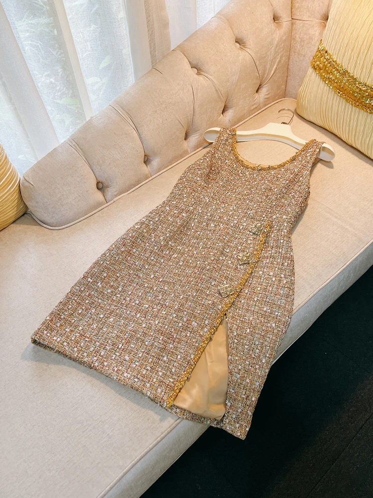 【CHICLINE】Enmine Gold Chain Tweed Dress☆韓国で大人気☆ side chain tweed dress – eve46