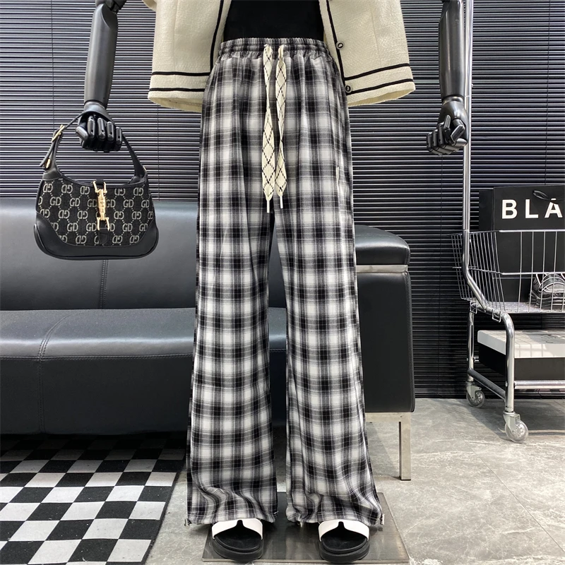 2022-new-fashion-designer-famous-brand-embroidered-love-print-drawstring-straight-pants-casual-plaid-wide-leg-pants