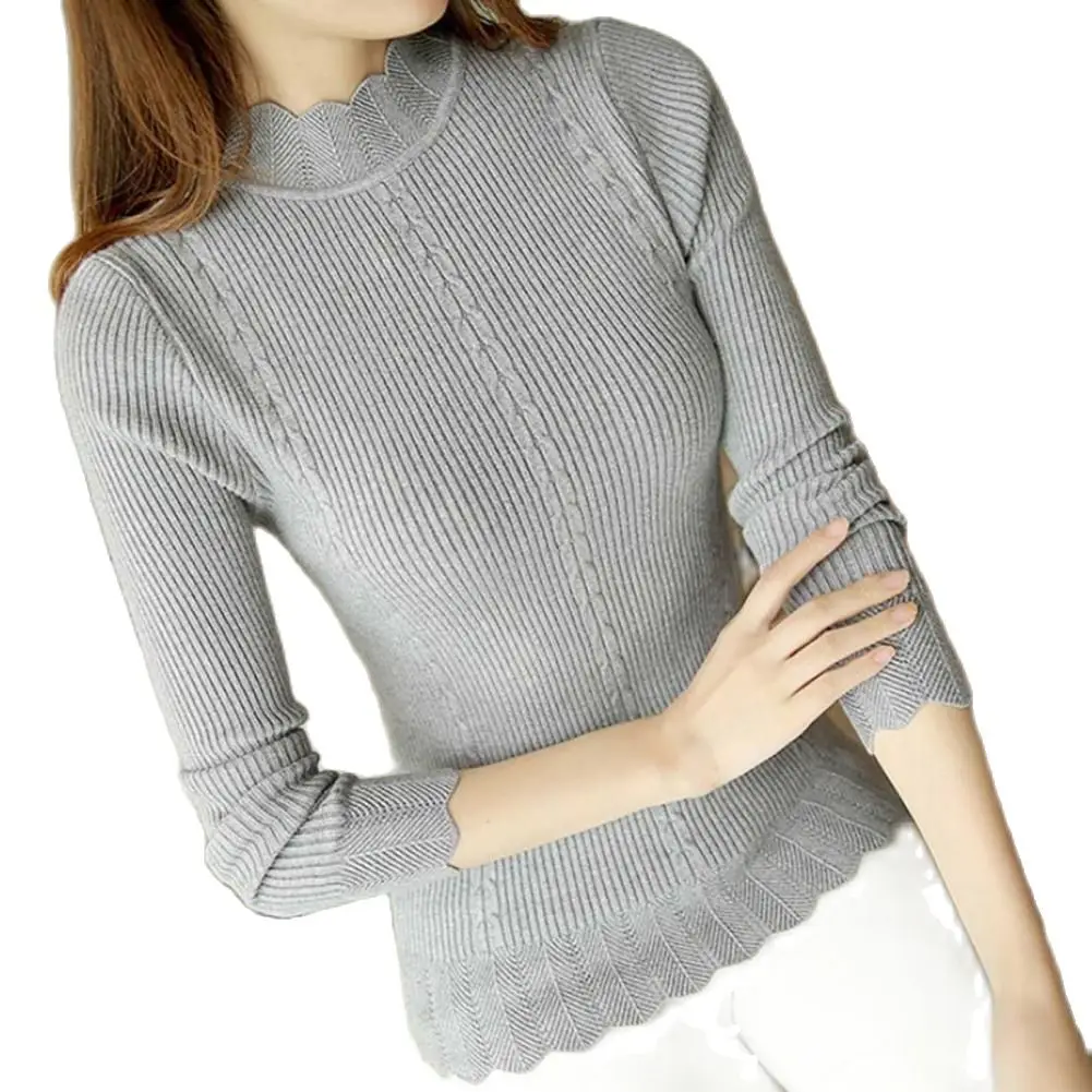 

Women Knitted Ribbed Sweater Turtelneck Slim Elastic Mock Neck Long Sleeve Basic Pullover