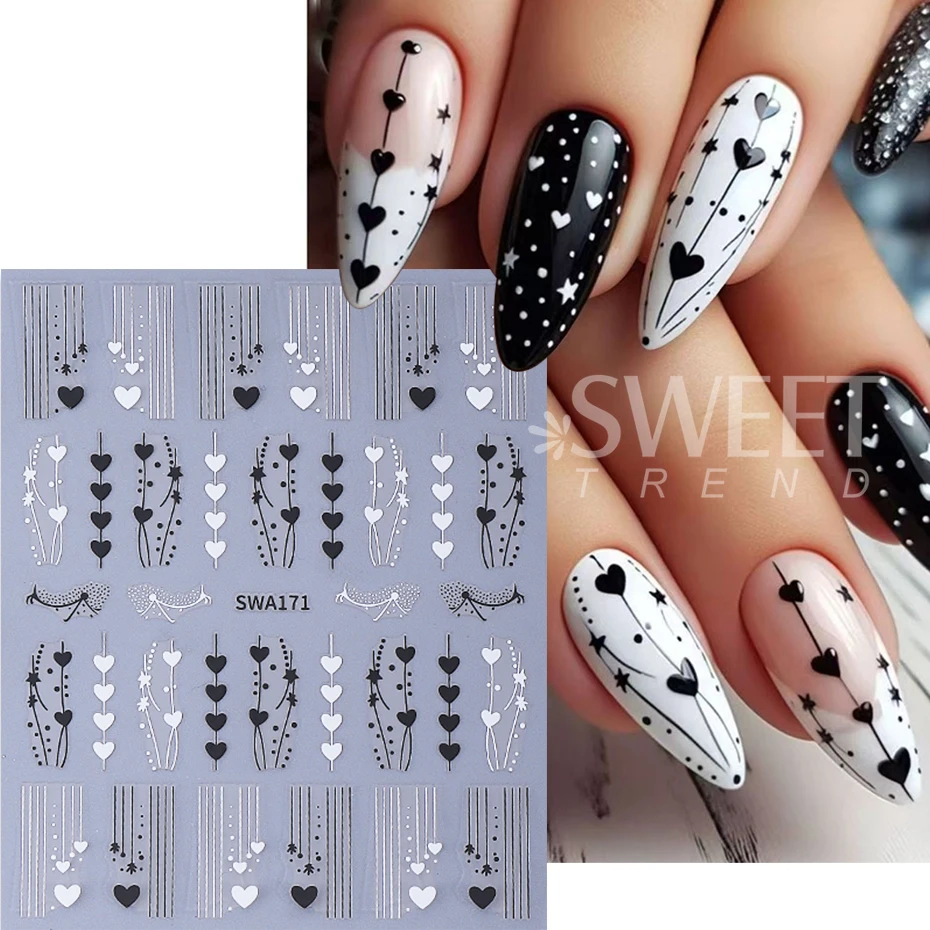 4pcs Black White Red Love Heart Nail Sticker Simple French Lines Star Love Adhesive Decal Valentine Design Manicure Decor Slider