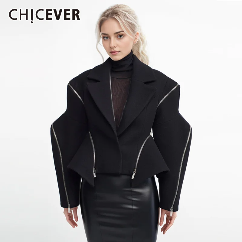 

CHICEVER Casual Patchwork Zippers Jackets For Women Notched Collar Long Sleeve Streetwear Solid Fashion Loose Coats Female 2024