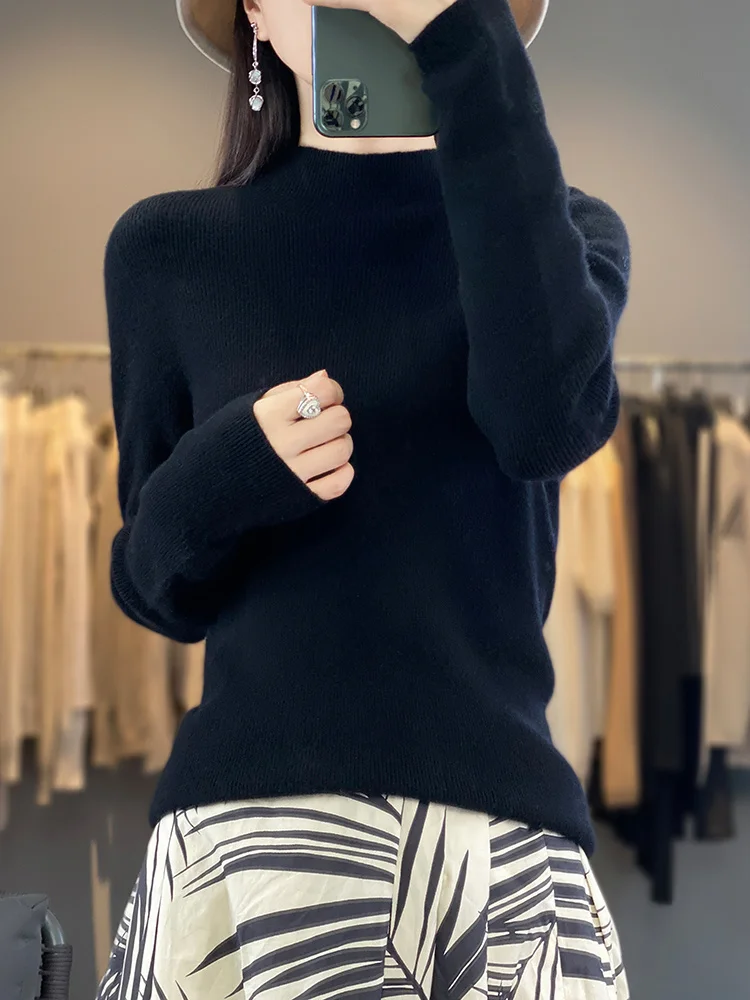 Knitwear 100% Merino Wool Women' Sweater Spring Autumn Mock Neck Long Sleeve Stripe Solid Color Pullover Slim Casual Clothing
