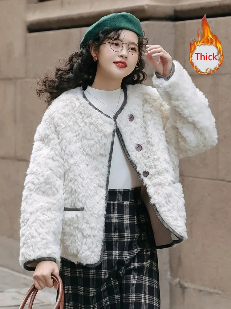 

Jmprs England Style Women Thick Faux Lamb Coats Fashion Sweet Winter Jacket Casual Warm Long Sleeve O Neck Elegant Solid Outwear
