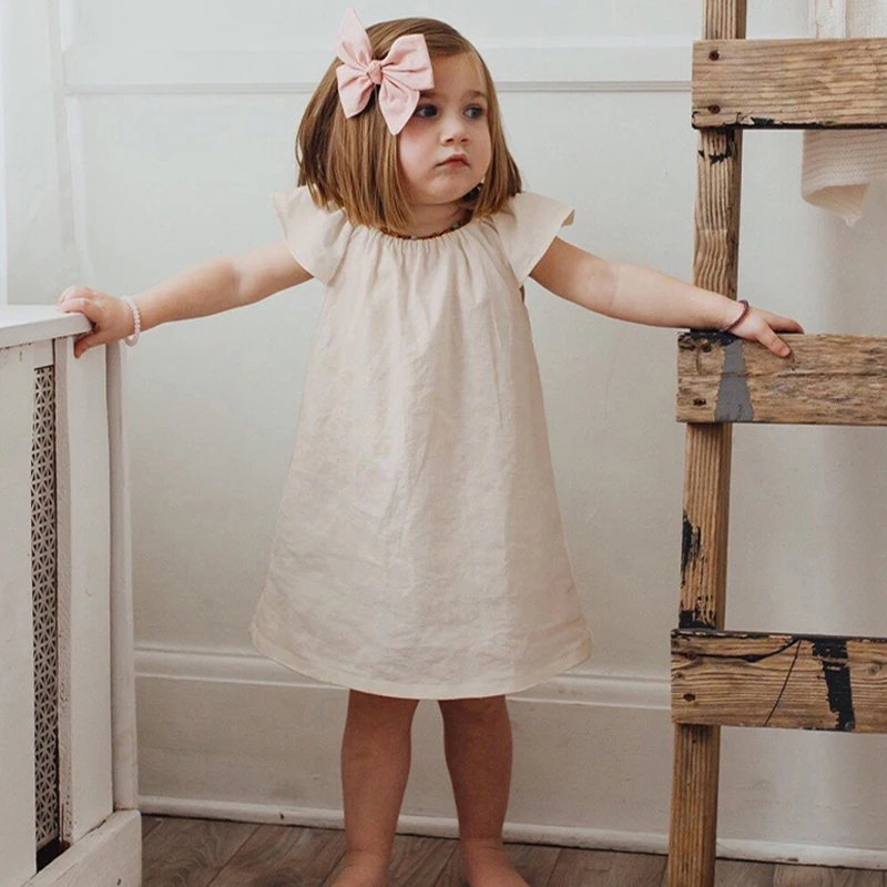 Girl Dresses Summer Linen Bamboo Fiber Blend Solid Color Cute Flying Sleeve Princess Dresses Children Clothing