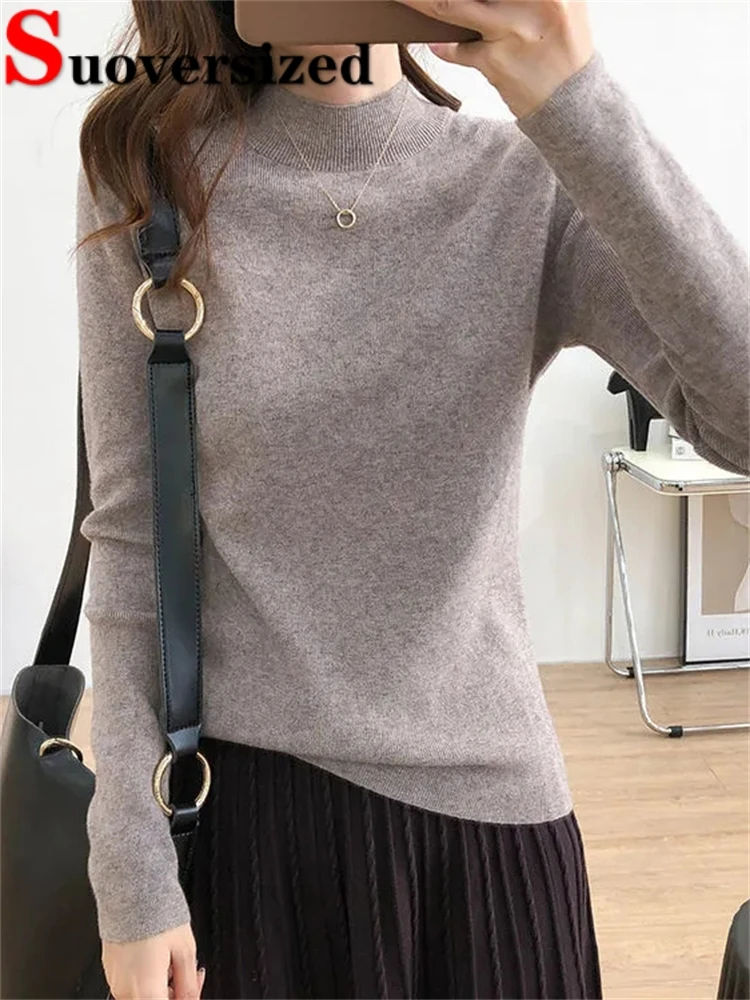 

Half Turtleneck Warm Knitted Tops Korean Loose Knitwear Pullover Elegant Women Bottoming Jumper Fall Winter All-match Sweater