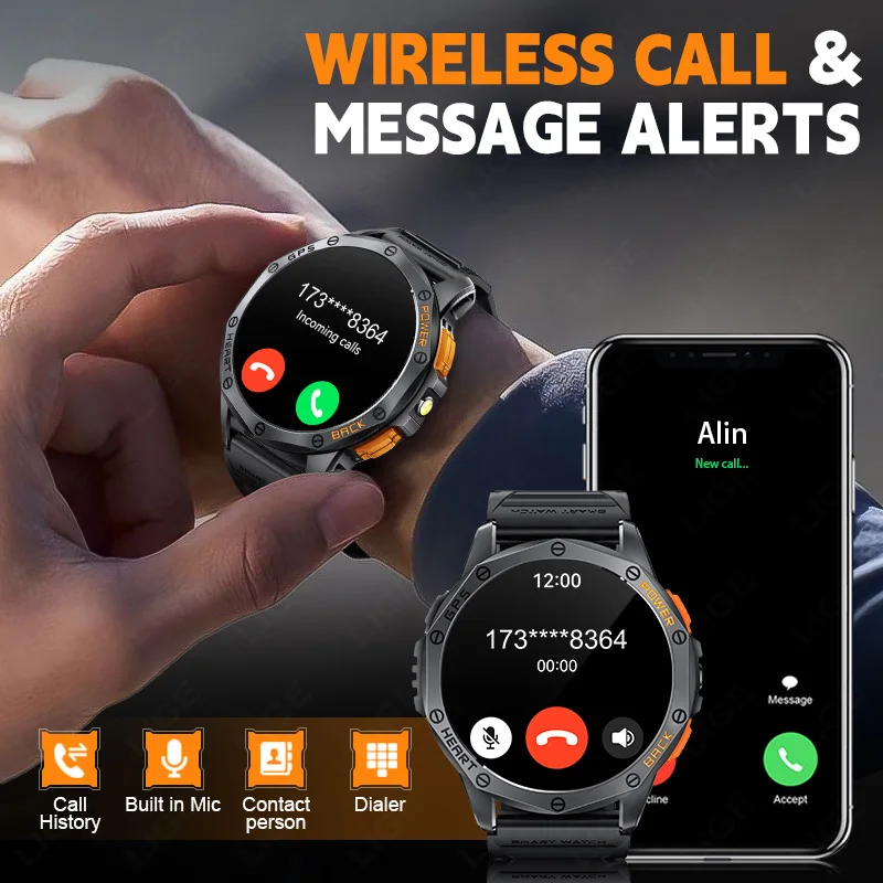 LIGE Smartwatch Uomo GPS Bussola - Schermo AMOLED 1.43" - 170 Sport - Impermeabile 10 ATM - Batteria 600 MAh - Nero - 4