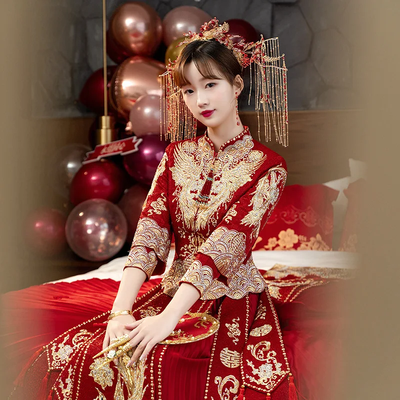 

Women Phoenix Embroidery Wedding Dress Cheongsam Elegant Bride Traditional Chinese Style Toast Clothing Tang Suit