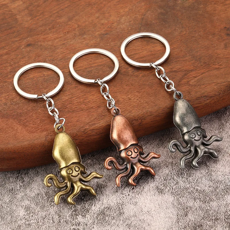

New Ocean Animal Octopus Key Pendant Bronze Ancient Blue 3D Octopus 3D Keychain Pendant For Men