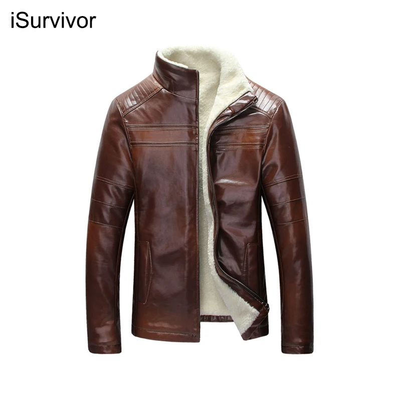 

iSurvivor 2022 Men Winter Thick Fleece PU Leather Jackets Coats Hombre Male Casual Fashion Slim Fit Large Size Zip Jackets Men