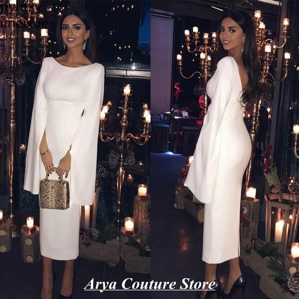 2024 New Elegant Cocktail Dresses White Sheath Long Sleeve Slim Backless Boat Neck Formal Party  Vestido De Fiesta