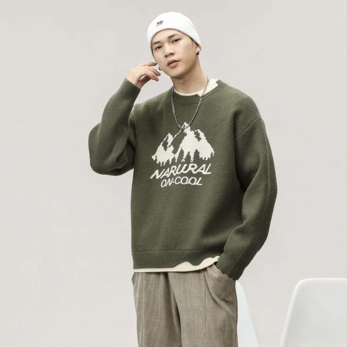 Autumn Nordic Fleece Loose-Fit Round Neck Warm Long Sleeve Thickened Knitted Top Men's Trendy Versatile Grass Green