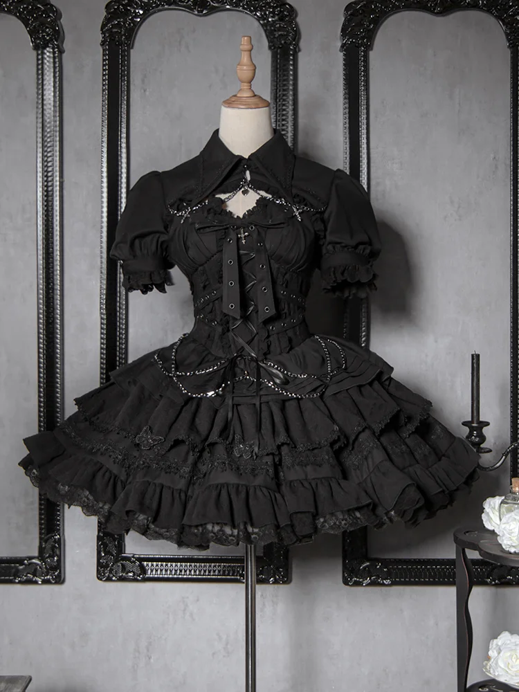 Lolita Style JSK Dress Gothic Bow Slim Spaghetti Strap Pettiskirt Sweet Girl Women's Mini Dresses and Small Waistcoat Two Pieces 4