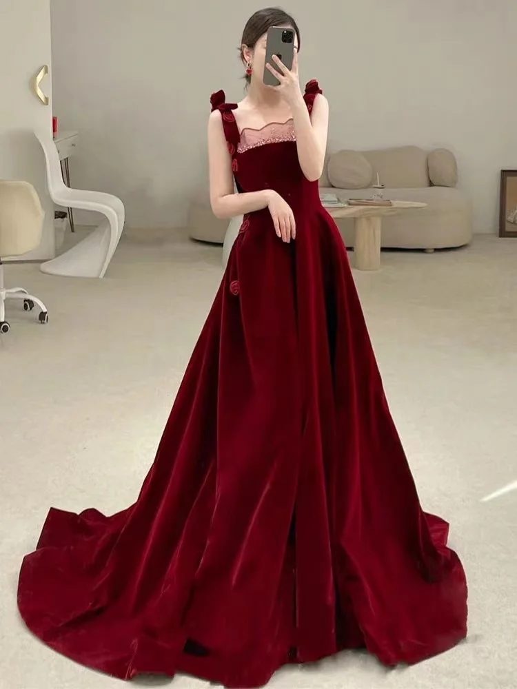 

High-end Burgundy Velour Prom Party Dresses A-line Sleeveless Evening Banquet Gowns Custom Made Robe De Soiree Vestido De Noiva