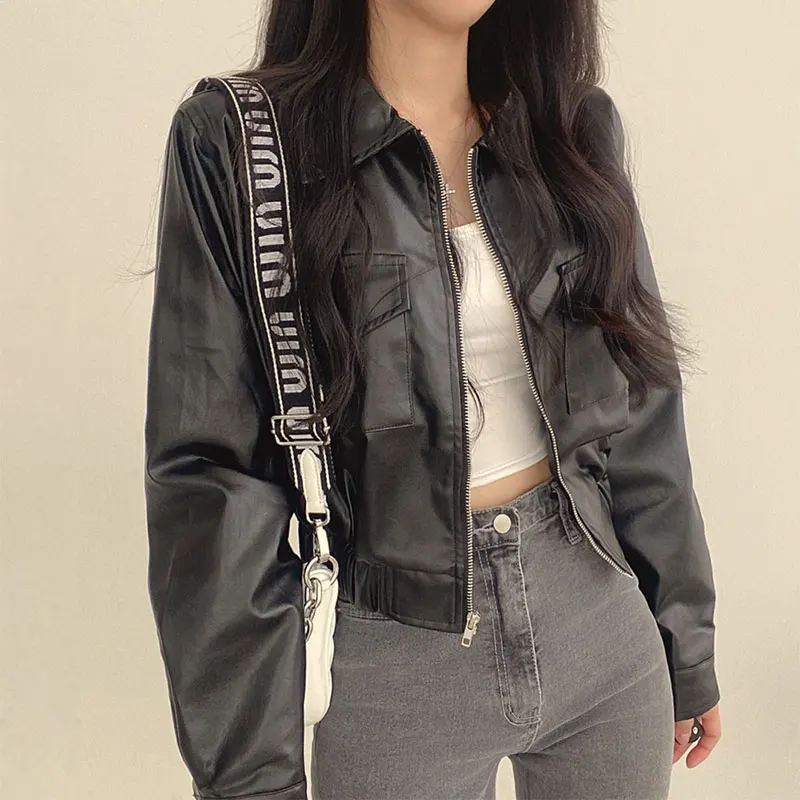 Cropped Women's Leather Jacket Spring Autumn 2024 New Fashion Cardigan Coat Tops Casual PU Leather Motorcycle Jackets mujer