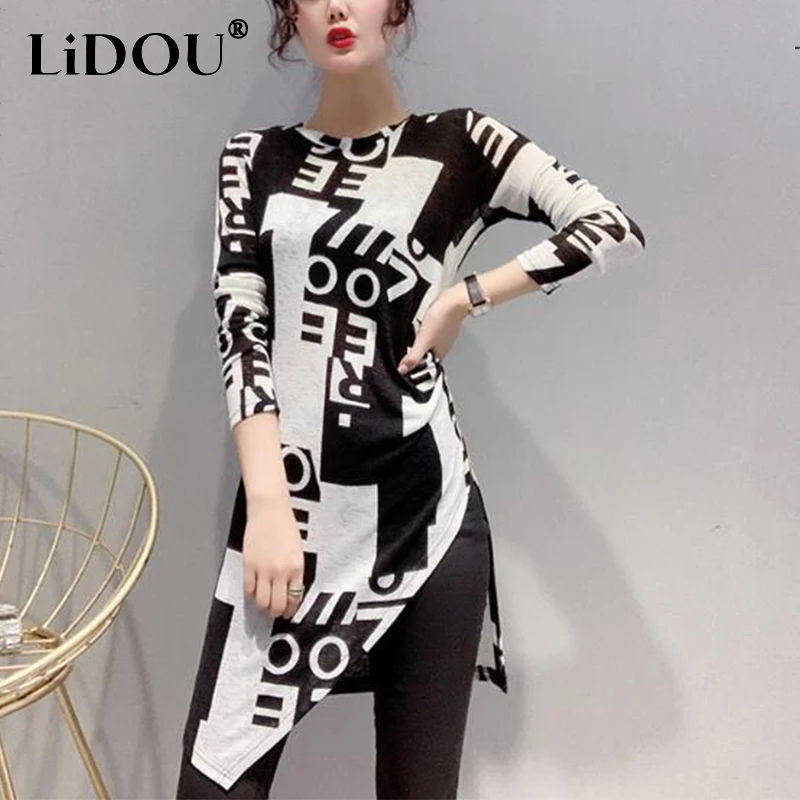 

Spring Autumn Streetwear Fashion Letter Printing Slim T-shirt Female Long Sleeve Irregular Slit Pullover Top Women Casual Tee