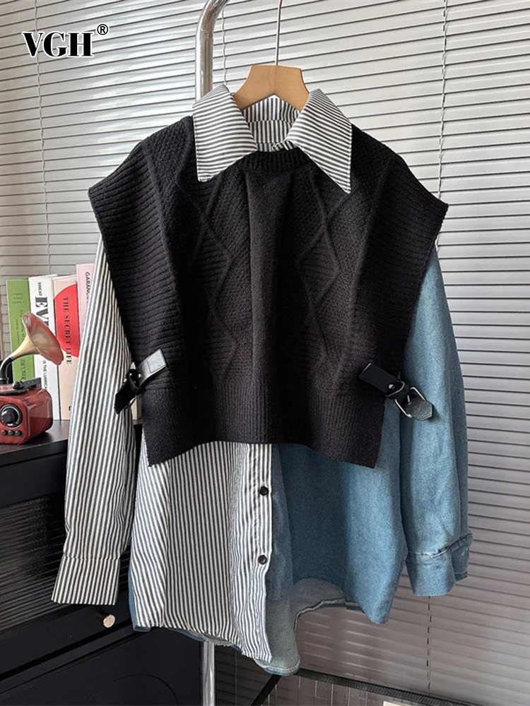 

Женский вязаный жилет VGH Colorblock, повседневный комплект из двух предметов, свободная рубашка с круглым вырезом и длинным рукавом, без рукавов, с лацканами