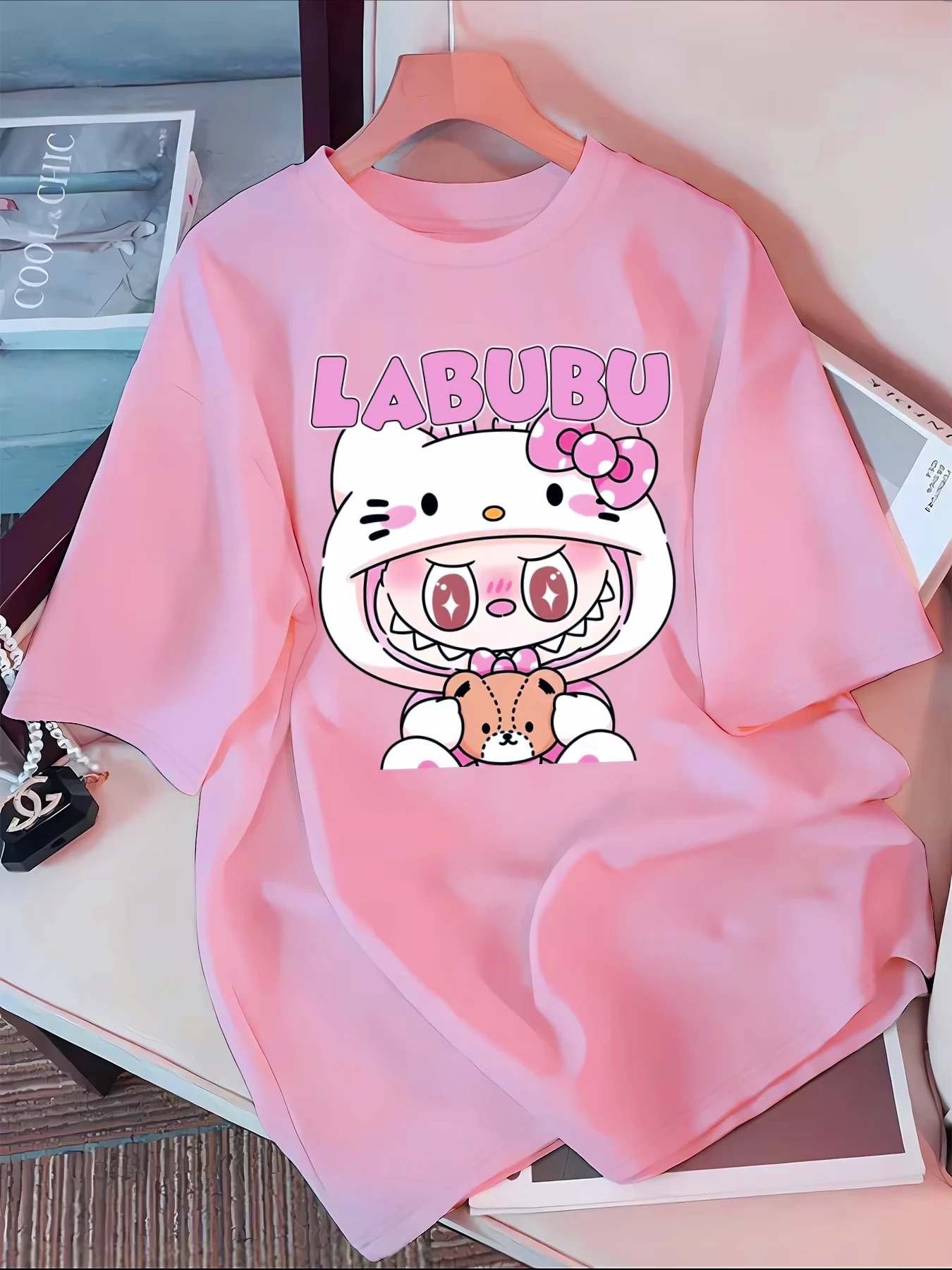 Labubu Cartoon Print T-Shirt – 100% Polyester Casual Crew Neck Short Sleeve Tee for Adults, Spring/Summer/Fall 1