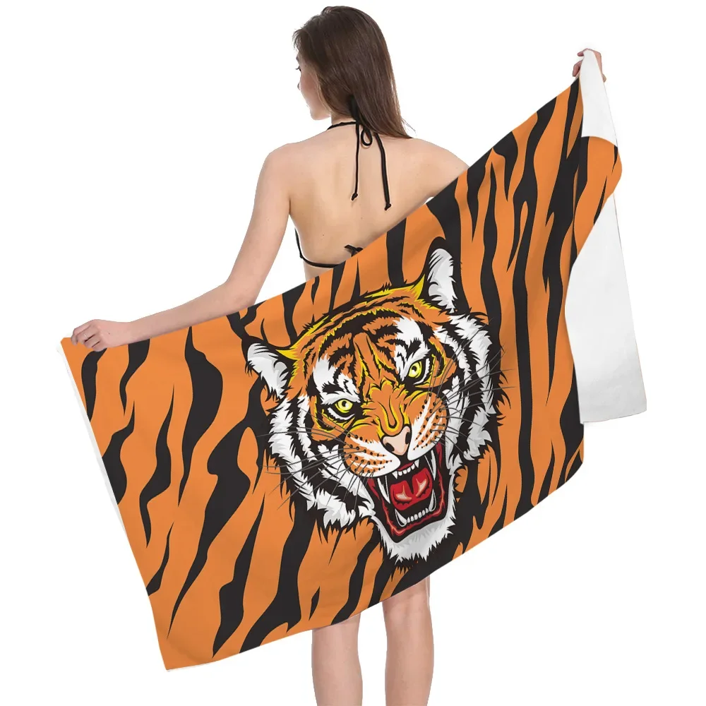 

Tiger Head Beach Towels for Women Men Cool Wild Animal Print Quick Dry Absorbation Portable Bath Sunscreen Shawl Pad