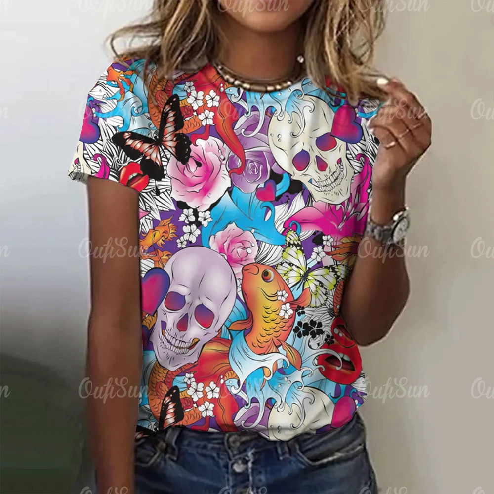 

3d Gothic Skulls Print T-Shirts For Women Fashion O-Neck Tees Woman Top Harajuku Short Sleeve Hip Hop Loose Female Clothing