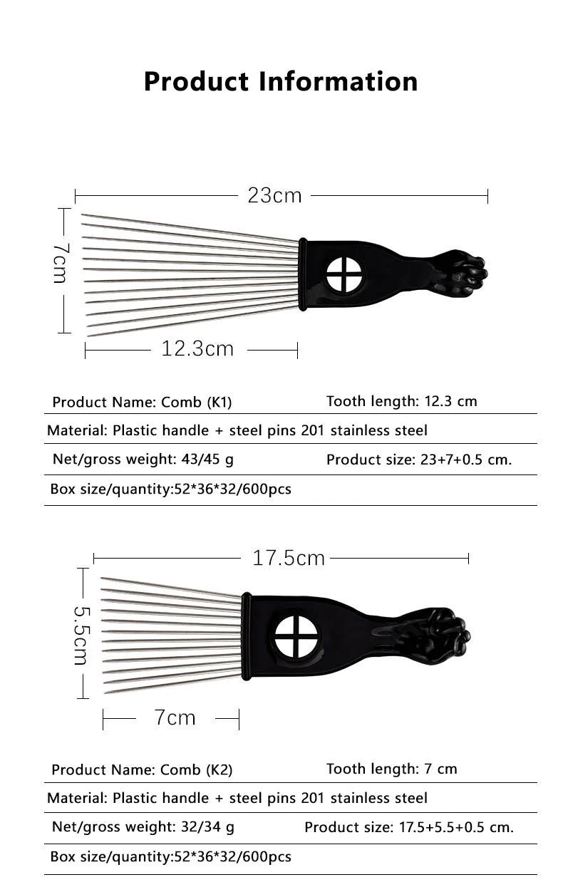Black Metal African American Pick Comb Hair Combs Hair Comb for Hairdressing Styling Tool Salon Barber Shop Accessories 6 Style