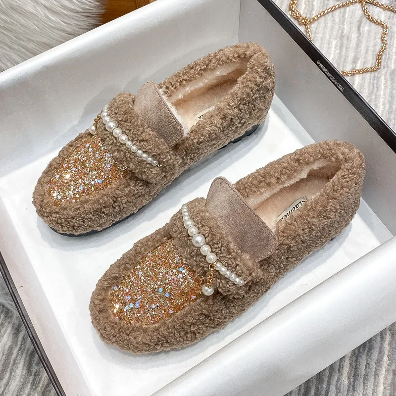 Big Size 35-43 Women Faux Wool Flats Winter Warm Shoes Plush Lining Pearls Chain Lady Loafers Female Boat Shoe Top Quality 555-2