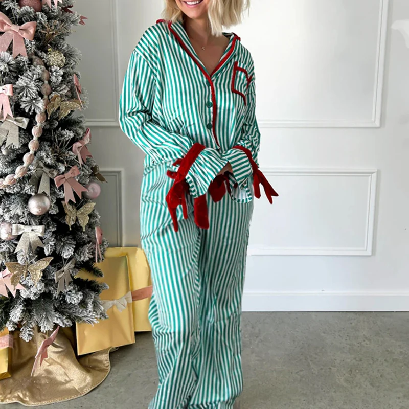 Christmas Pajamas Striped Button Up Crop Blouse Bowknot Long