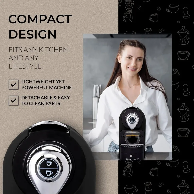 ChefWave Espresso Machine Compatible with Nespresso Coffee Capsules(Black), Pod Holder,Cups and Descaling Powder Bundle(2 Items) 4