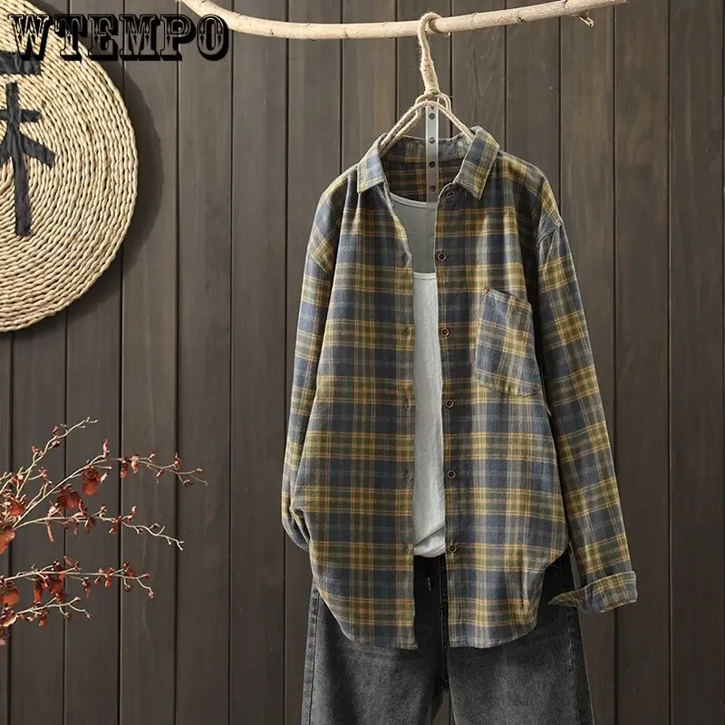 

WTEMPO Spring Autumn Arts Style Women Long Sleeve Turn-down Collar Loose Blouse Vintage Plaid Cotton Linen Shirts Femme Shirts