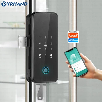 YRHAND Drill free Bluetooth Biometric Fingerprint RFID Card Code Remote Control Tuya App Electronic Smart Glass Door Lock 1