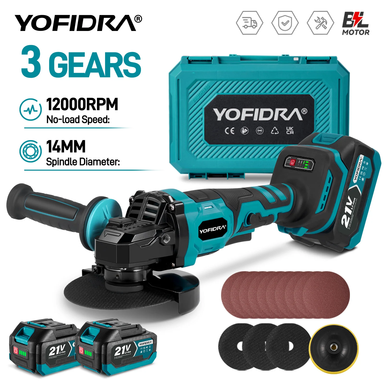 YOFIDRA Brushless Angle Grinder 3 Gear 125mm Grinding Machine Polishing Cutting Woodworking Tool For Makita 21V Battery Pin