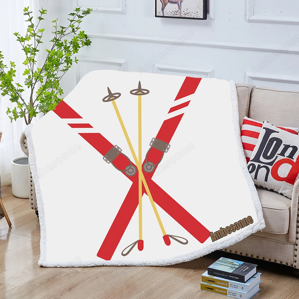 Simple Skiing Theme Custom Blankets Snow Ski Poles Velvet Plush Throw