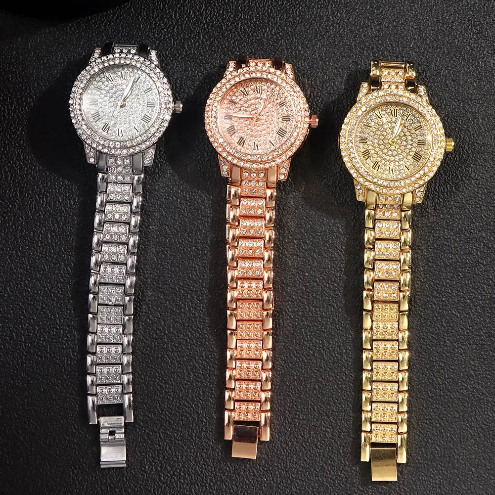 Iced Out Rose Gold Silver Color Watch Women's Luxury Rhinestone Cuban Chain Bracelet Watches Fashion Wrist Watch Hip Hop Jewelry