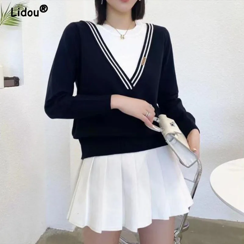 

Spring Autumn Round Neck Female Fake Two Pieces Striped Pullovers for Women 2022 Office Lady Casual Loose Top Women's Clothin