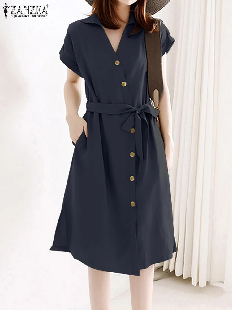 

ZANZEA Summer Fashion OL Sundress Woman Elegant Solid Color Shirtdress Female Short Sleeve V-Neck Dress Casual Lace Up Vestidos