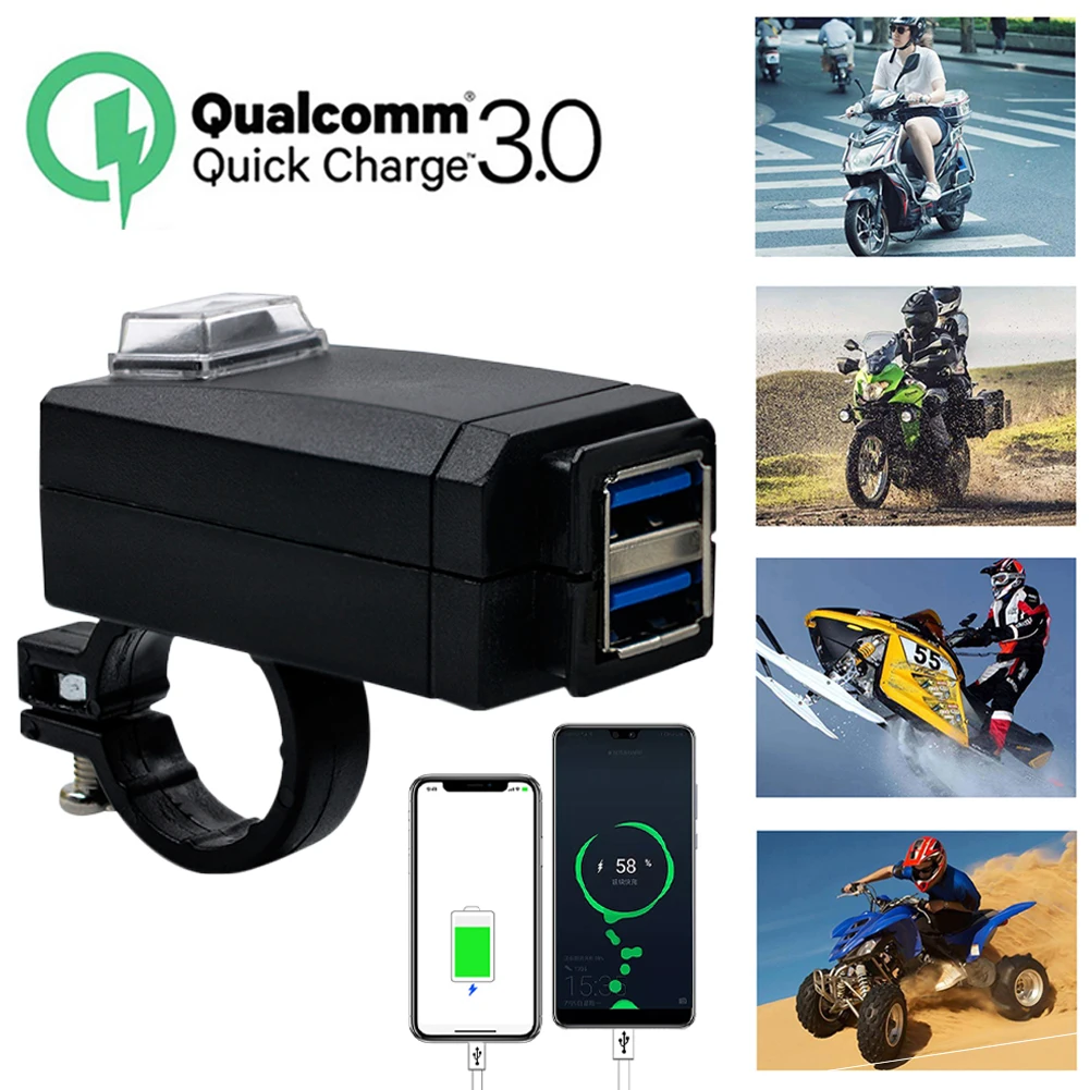 Motorcycle Charger Dual USB Universal QC 3.0 USB Waterproof Dual USB Quick Change 12V Power Supply Adapter Motorcycle Chargers