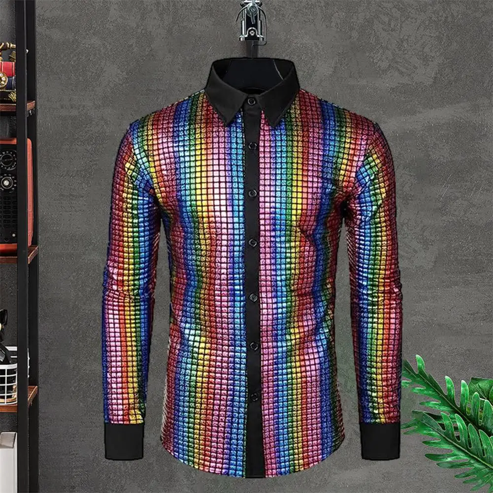 Retro Button Design Men Shirt Sparkling Sequin Men's Shirts for Club Dance Stage Performances Stand Collar Single-breasted